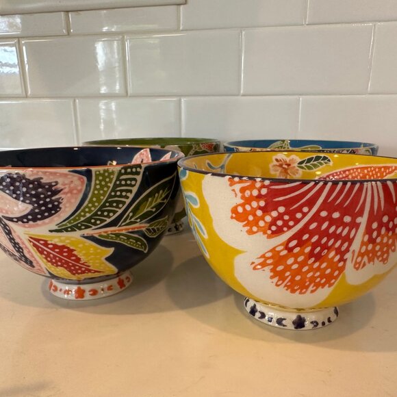 Set of 4 Flame Leaf by Anthropologie Bowls (Blue, Navy, Green, Yellow) 6" - Picture 1 of 4
